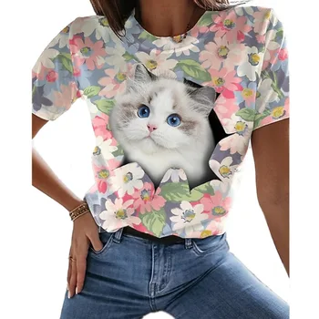 2022 Ljetna modna ženska Majica sa Digitalnim 3D ispis, Majica kratkih Rukava, slatka Mačka, okrugli izrez, Top, Besplatno i zgodan