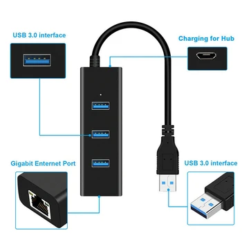 3 Priključak USB 3.0 Gigabit Ethernet Lan RJ45 Mrežni Adapter usb Koncentrator Do 1000 Mb/s, 10/100/1000 M Vanjska Žična Mrežna Kartica