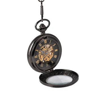 8942 trendy retro black mehanički džepni sat velikih dimenzija s ukrasnim uzorkom rimskog ljestvice s debelim lancem džepni sat