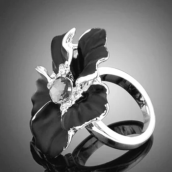 Antičku Srebro Prsten S Emajlom Sa Crnim Crystal, Veliki Cvjetni Prsten Za Žene Romantičnim Vintage Nakit, Božićni Poklon