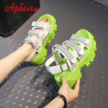 Aphixta/2022 godine, Ljetne Sandale sa zelenim kristalima 7 cm, pojačava rast, ženske Парусиновые Sandale na Platformu i Visoku petu na танкетке s masivnim nogama