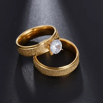 Atoztide Romantična Boja zlata Od Nehrđajućeg Čelika Par Prst Prsten Jednostavan Cirkon Polirani 8 MM Pročišćavati Vjenčanje je Vjenčanje Za Zaljubljene