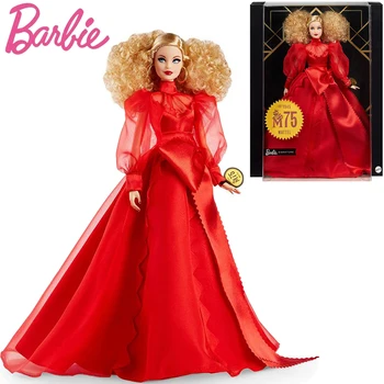 Barbie je Originalna Lutka Kolekcionar Mattel Barbie 75-Godišnjicu Lutka Crveno Шифоновое Haljina Teen Zbirka Lutka Igračka za Djevojčice Dar GMM98