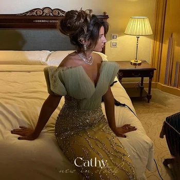 Cathy - raskošne Večernje haljine s jakom сверлением, Večernja haljina Svijetlo zelene boje, Haljinu za Prom s V-izrez, Večernje haljine Sirena
