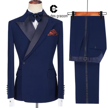 Centne Des Graoom Najnoviji Dizajn Kaput Muška Odijela Po mjeri Smoking Odijelo Homme 2 kom. Blazer Vjenčanje College Pjevač Mladoženja Plava