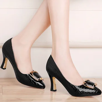 Cipele na visoku petu 2023, ženske cipele na debelim petama, pro kožna obuća s oštrim vrhom, ženska radna moda vjenčanje
