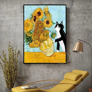 Crna Mačka Kuca Van Gogh Suncokreta Smiješno Plakat Umjetničko djelo na Platnu Slikarstvo i Grafika za Moderne Spavaće sobe Klub Wall Art Home Dekor