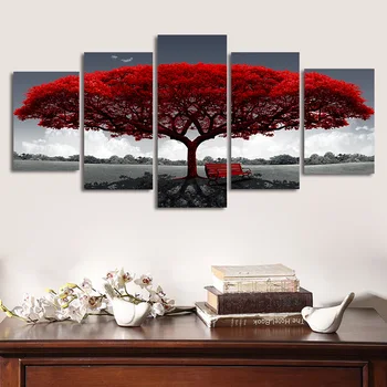 Crveno veliko stablo pet slika moderna obiteljska dnevni boravak dekorativna slika na platnu бескаркасная slika kernela