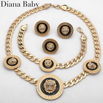 Diana Baby Komplet Nakita Brazilski Afrički Crni Ulje Dizajn Glave Lava Naušnice I Ogrlica Narukvica Prsten Karika Lanca Za Žene Večernji