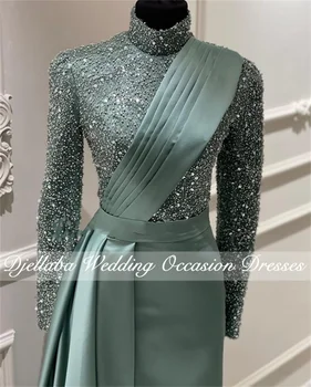 Elegantne Zelene Muslimanski Večernje Haljine iz Dubaija 2023 godine S Odvojivim Vlak Dugi Rukav, Izvezena Perle Turski večernje haljine
