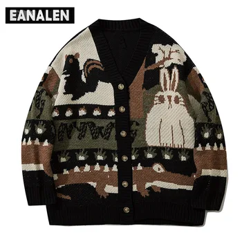 Harajuku zec životinja grafički džemper оверсайз ulica odjeća i starinski kardigan kontrastne boje pletene kardigan muška zimska jakna