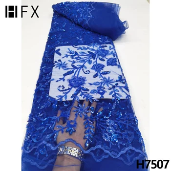 HFX Plava Afrička 3D Francuska Čipka cvjetne čipke Tkanina 2022, Visokokvalitetna cvjetne čipke Tkanina Sa Šljokicama, Vezene Tkanine S Perlicama Za Vjenčanje F7507