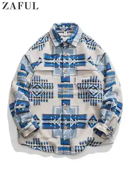 Jakna-shirt ZAFUL za Muškarce, Kaput s etničkim Geometrijskim oblicima, Gornja Odjeća na Zakopčane, Jakna Džep sa ventilom, Zimska Odjeća, Majice