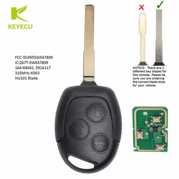 KEYECU Zamjena za Daljinsko Auto privjesak za ključeve Odašiljač 315 Mhz 4D60/4D63 Čip za Ford Fiesta 2011-2016 KR55WK47899 Redateljski HU101 Oštrica