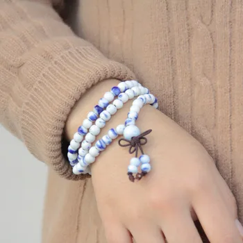 Kineski Stil Plavi i bijeli porculan Keramičke Perle Narukvica Reiki Iscjeljivanje Molitva Čakra Buda Strand Narukvice za Žene