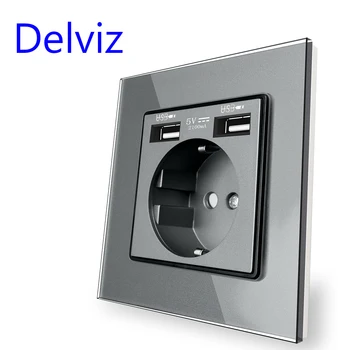 Kombinirana ploča od kaljenog stakla Delviz, dvostruko sučelje za punjenje sigurnosti USB 5V, Standardne zidne utičnice USB napajanje 16A standarda EU