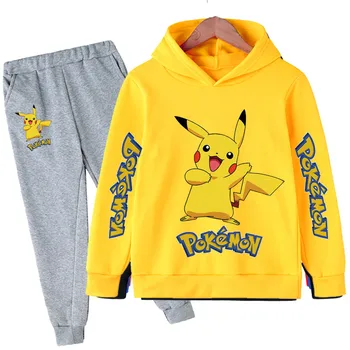 Komplet Odjeće s Uzorkom Pikachu-Pokémona Za male dječake, Veste u stilu Харадзюку s dugim Rukavima i Okruglog Izreza, Duge Hlače, Odijela