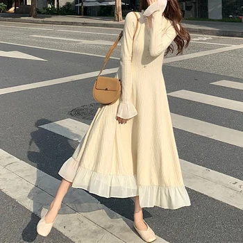 Korejski jesensko-zimski modni вязаное vune haljina 2022 godine, francuska novo elegantno maksi haljini s V-izrez i dugih rukava, duge suknje na dno