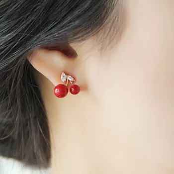 Korejski Moda Novi Cirkon Trešnja, Vještački Dijamant Naušnica Crvena Imitacija Bisera Naušnice Ženske Nakit