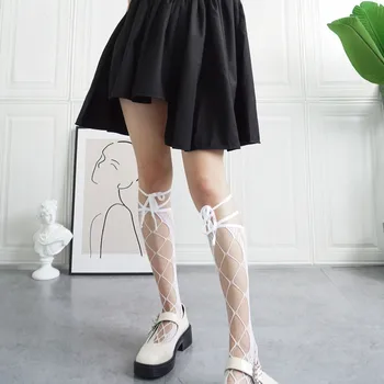Lolita križ kravata luk šuplje srednje čarape-cijevi seksi čarape do koljena s mrežom do kukova JK visoke čarape-cijevi ženske tanke