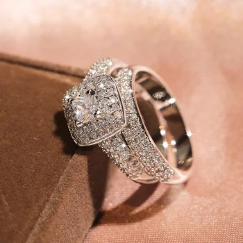 Luksuzni 2 kom Čvrste Vjenčano Prstenje od 925 Sterling Srebra, Set za Žene, Stackable Prsten na Prst, Poklon za Valentinovo
