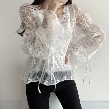 Modni Korejski Jesen Ženske Bluze Čipka-Up, Elegantnim Vintage Čipke, Majice S Trga Ovratnik, Korejski Slatka Ženske Majice 2021, Blusas Mujer
