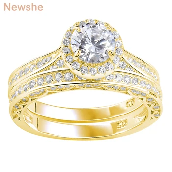 Newshe Multi Zlatne Vjenčanje Postavlja Čvrste 925 Sterling Srebra Halo Okrugli AAAAA CZ Vjenčanja Vjenčani Prstenovi Za Žene Romantični Nakit