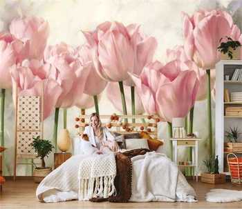 Običaj 3D Zidne Tapete Naljepnice za na Zid Bijeli Cvijet Tulipana Morski Cvijet CVIJET ZELENA POZADINA papel de parede uređenje sobe
