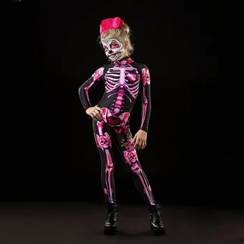 Odrasli Djeca Halloween Kostur Cosplay Kombinezon Roza Ruža je Žena Seksi Lubanju Strašno Odijelo Djevojke 3D Print Body Majka Kćer