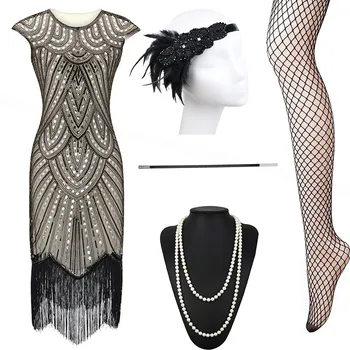 Plus Size 1920s Gatsby Ženske haljine s Resama i Šljokicama, Расшитое Perle, s Ревущими Priborom 20s Gatsby, Set za Zurke
