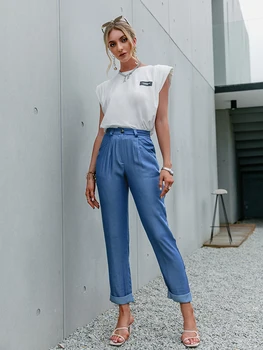 Simplee Slobodne ravne čvrste hlače na zakopčane, High street stilski svakodnevne ženske hlače s borama, proljeće-ljeto tanke ženske hlače
