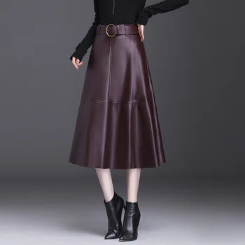 Suknje Trapeznog oblika Ženske 2021, Korejski Stil, Visoki Struk, Srednje dužine, Suknja od Umjetne Kože za Žene s Pojasom, Jesen-Zima