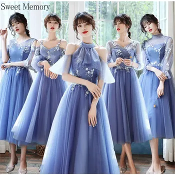 Sweet Memory 2021 Ženske Plave Haljine Djeverušama Čaj Duljine S Aplikacija Držači Cvijeće Вразлет S Rukavima, Smještaj Za Mladence Smještaj Haljina
