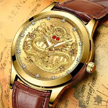 WOKAI kvalitetne muške kvarcni sat s pojasom za odmor, sjajni vodootporni komercijalne vodootporan sat, Zlatni Zmaj, kineski stil