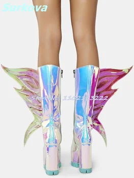 Čizme sa Krilima leptira, Cijele Čarapa, Platforma, Visoki Masivni Štikle, Laserski Čizme Do Koljena, Jesensko-Zimski Moderan Cool Dizajn Ženske Cipele