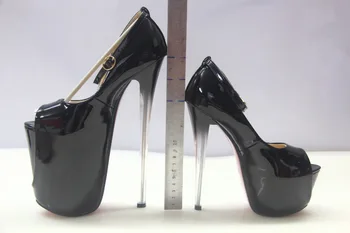 Ženske cipele-brod 2022 godine, cipele za vjenčanje zurke od lakirane kože sa remenom i kopčom 16 cm 19 cm 22 cm, ženske cipele na tankim visokim potpeticama s otvorenim vrhom 2020 godine, Crnci