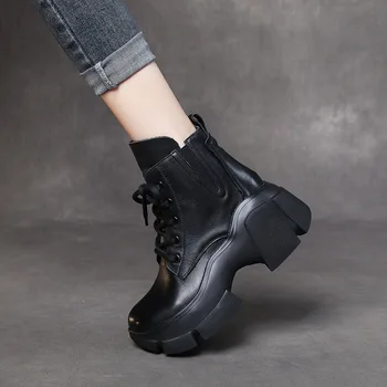 Ženske cipele na platformu; zbirka 2022 godine, sezona Jesen-zima; Nove Luksuzne cipele od prave kože s debelim potplatima u retro stilu; toplo dizajnerske cipele čipka-up