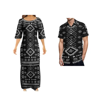 Ženske Haljine s самоанским Polinezijski Uzorkom Tetovaže Puletasi, donje Dizajn Haljina, Pogodan Muške Košulje s Kratkim Rukavima, Odijelo Za Par