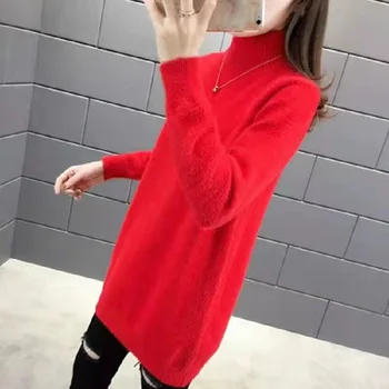 ženski novu jesensko-zimski džemper sa стоячим ovratnik srednje dužine Bijele boje