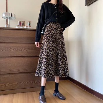 Леопардовая suknja trapeznog oblika s леопардовым po cijeloj površini, ženska proljeće-jesen novost 2021, retro suknje srednje dužine iznad koljena s visokim strukom i tanku suknju na bedrima